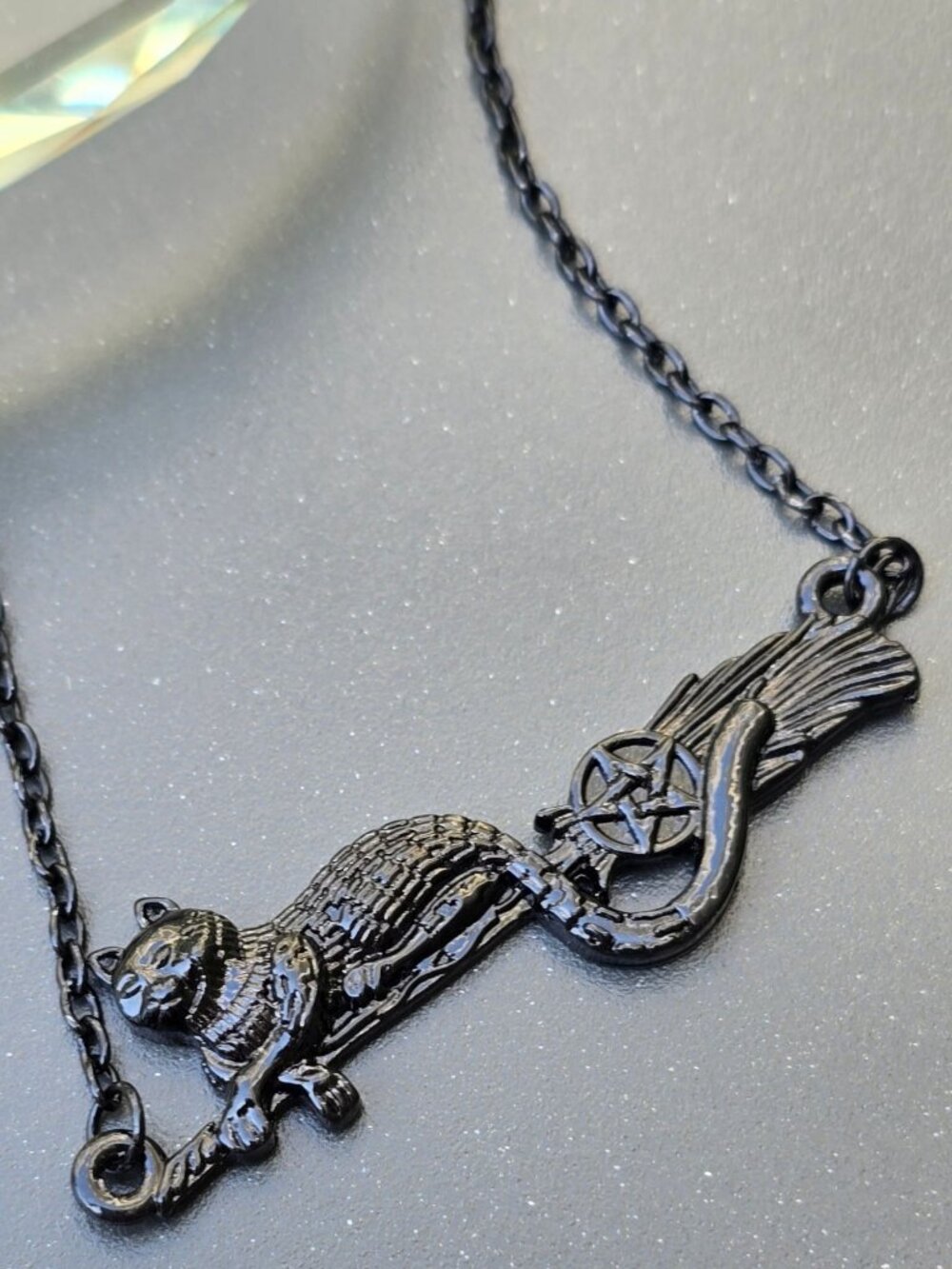 Cat on Broom ✦ Witch Familiar Pendant ✦ Gothic Alt Celestial Necklace NWT - Picture 3 of 8